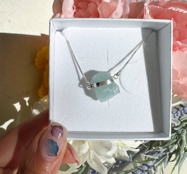 RAW AQUAMARINE PENDANT WITH BOX CHAIN | inner peace | soothe emotions