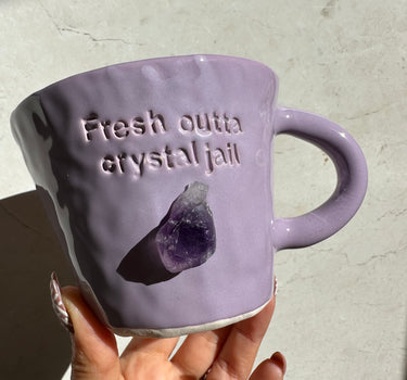 FRESH OUTTA CRYSTAL JAIL | hand crafted ceramic mug | Elestial Amethyst